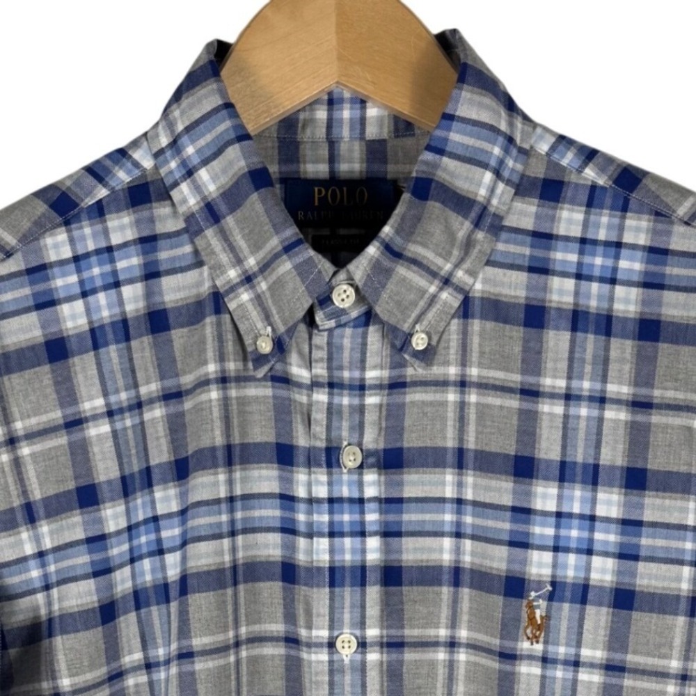 Polo Ralph Lauren Plaid Button Down Oxford Shirt Mens L Blue Grey Classic Fit